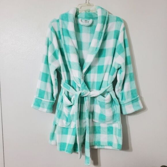 Just Be Womes One Size Fleece Robe Mint Green & White Check Gingham - Picture 1 of 9